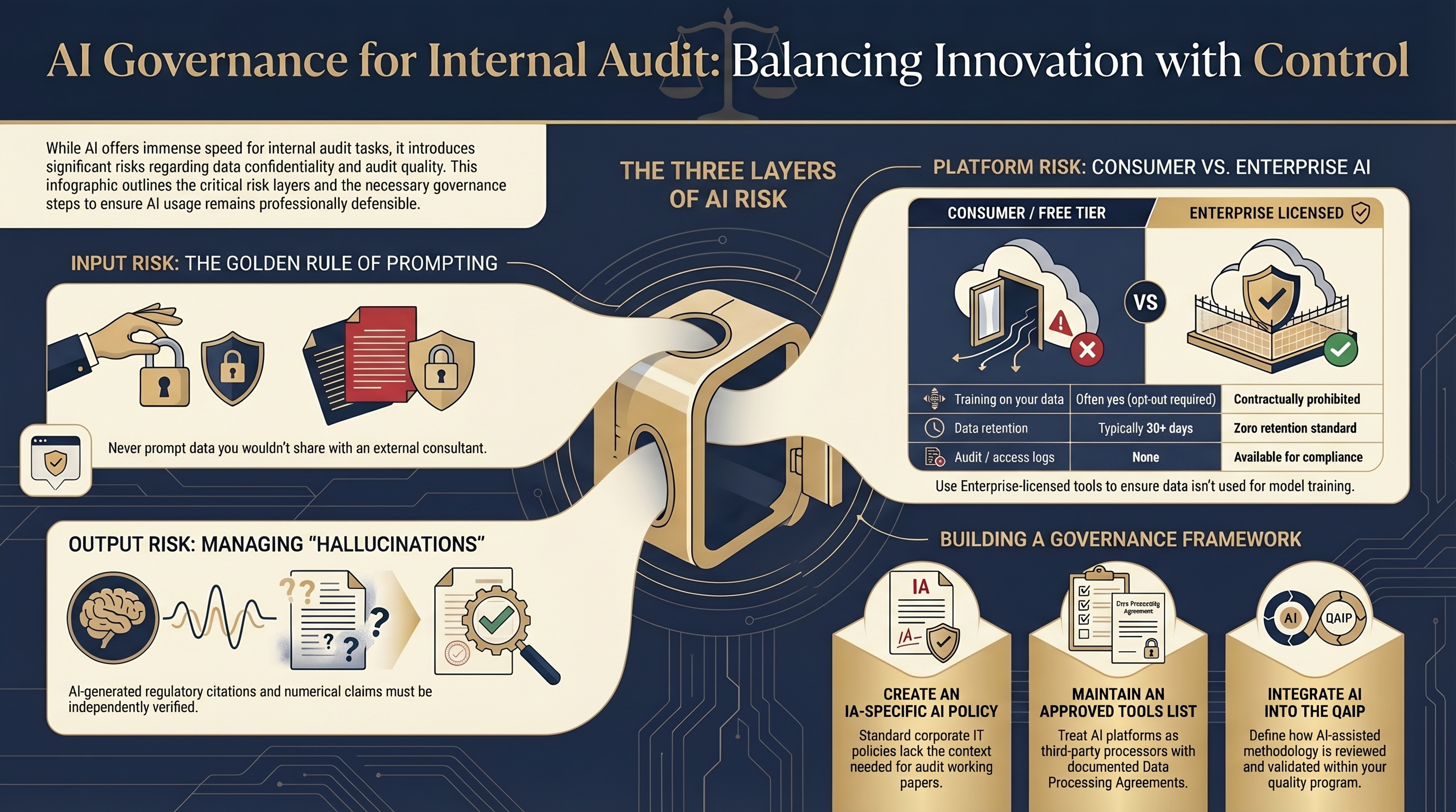 AI Usage Governance Framework for Internal Audit — four risk layers: input, platform, output, governance